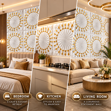 Non Self Adhesive Sunburst Crystal White Gold 3D PVC Wall Panel 20x20 Inch | 5-Year Life (Order Minimum 5 Panels)