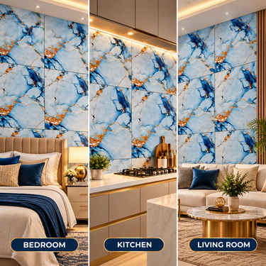 Self Adhesive Blue Aqua Gold Marble PVC Foam Wall Sheet 2x2 ft (ND-105) | 2mm Damp-Proof Wall Decor (Minimum 5 Quantity)