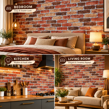 Self Adhesive 3D Rustic Red Brick Wallpaper 10m x 18in | Realistic Brick Stone Wall Decor