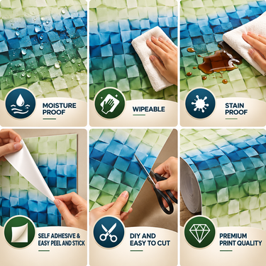 Self Adhesive 3D Geometric Cube Mosaic Wallpaper 10m x 18in | Blue Green Gradient Modern Wall Decor