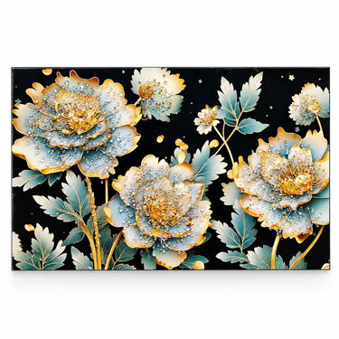 Luxury Ivory, Teal Blue & Gold Crystal Peony Floral Wall Art Frame – Premium 3D Rhinestone Flower Decorative Panel