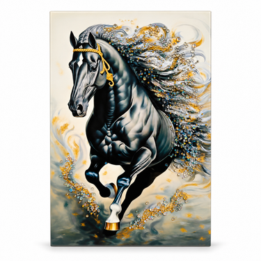 Majestic Black Horse Ivory, Gold & Silver Crystal Wall Art Frame – Premium 3D Rhinestone Decorative Panel