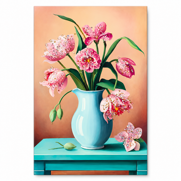 Luxury Pink Blossom & Aqua Blue Crystal Floral Wall Art Frame – Premium 3D Rhinestone Flower Vase Decorative Panel