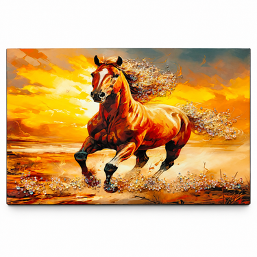 Royal Sunset Stallion Crystal Wall Art Frame – Luxury Orange & Gold 3D Decorative Panel