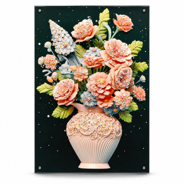 Luxury Coral Pink, Ivory & Sage Green Crystal Floral Wall Art Frame – Premium 3D Rhinestone Flower Vase Decorative Panel