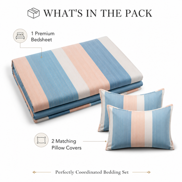 Blush Horizon Blue & Peach Striped Double Bedsheet Set | Super-Soft Microfiber with 2 Pillow Covers