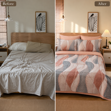 Blush Wave Harmony Peach & Blue Abstract Printed Double Bedsheet Set | Super-Soft Microfiber with 2 Pillow Covers