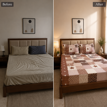 Mocha Star Patchwork Brown & Beige Printed Double Bedsheet Set | Super-Soft Microfiber with 2 Pillow Covers