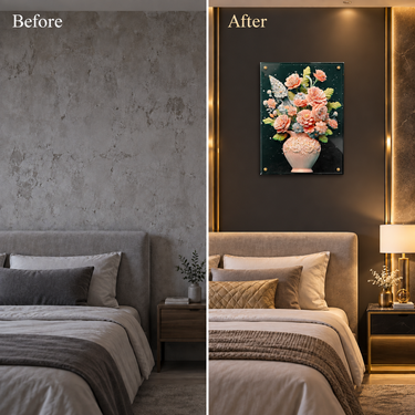 Luxury Coral Pink, Ivory & Sage Green Crystal Floral Wall Art Frame – Premium 3D Rhinestone Flower Vase Decorative Panel