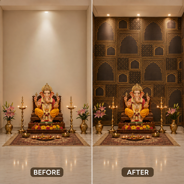Premium Black & Gold Jali Arch Ganpati Backdrop Set 8×8 Ft | Traditional Embossed Mandap Decoration Panels | Pooja Room & Temple Decor