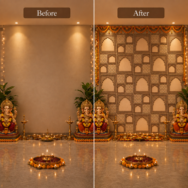 Royal Ivory & Antique Gold Jali Arch Ganpati Backdrop 10×10 Ft | Premium Embossed Pooja Mandap Panel Set | Ganesh Chaturthi Decor