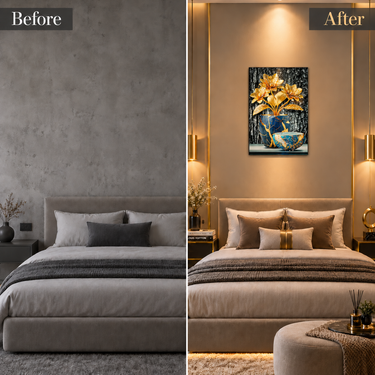 Luxury Black, Gold & Royal Blue Crystal Floral Vase Wall Art Frame – Premium 3D Rhinestone Flower Decorative Frame