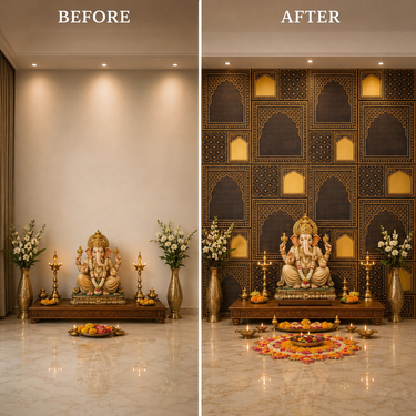 Majestic Black & Gold Jali Arch Ganpati Backdrop Set 8×8 Ft | Premium Traditional Mandap Decoration Panels | Pooja & Temple Decor