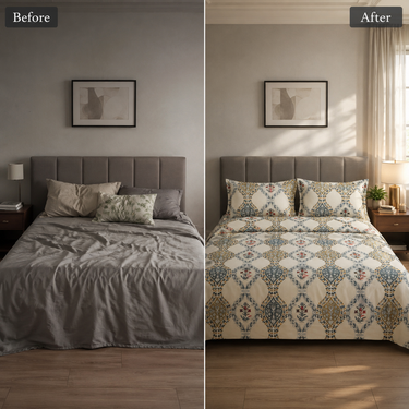 Royal Mughal Garden Ivory Floral Printed Double Bedsheet Set | Super-Soft Microfiber with 2 Pillow Covers