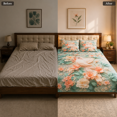 Sage Green Floral & White Bird Printed Double Bedsheet with 2 Pillow Covers | 100% Microfiber Satin Weave | Super Soft Pre-Shrunk Bedding Set – 87.5 × 92.5 Inch