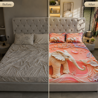 Coral Orange Elephant & Floral Printed Double Bedsheet with 2 Pillow Covers | 100% Microfiber Satin Weave | Super Soft Pre-Shrunk Bedding Set – 87.5 × 92.5 Inch