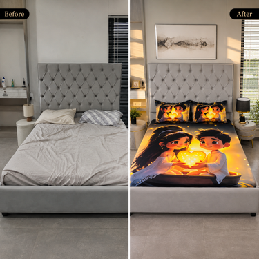 Romantic Couple & Glowing Heart Printed Double Bedsheet with 2 Pillow Covers | 100% Microfiber Satin Weave | Super Soft Pre-Shrunk Bedding Set – 87.5 × 92.5 Inch
