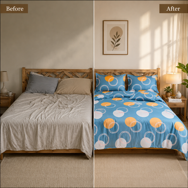 Teal Orbit Blue & Mustard Abstract Printed Double Bedsheet Set | Premium Microfiber with 2 Pillow Covers