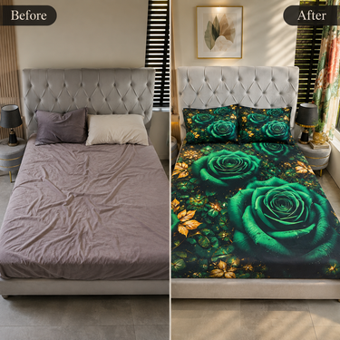 Emerald Green Rose & Golden Leaf Printed Double Bedsheet with 2 Pillow Covers | 100% Microfiber Satin Weave | Super Soft Pre-Shrunk Bedding Set – 87.5 × 92.5 Inch