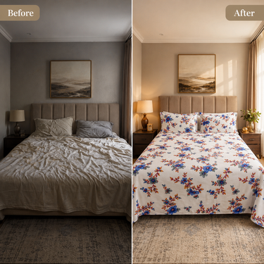 Azure Blossom Ivory & Blue Floral Printed Double Bedsheet Set | Premium Cotton with 2 Pillow Covers