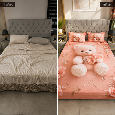 Peach Teddy Bear & Rose Floral Printed Double Bedsheet with 2 Pillow Covers | 100% Microfiber Satin Weave | Super Soft Pre-Shrunk Bedding Set – 87.5 × 92.5 Inch