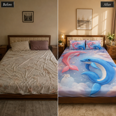 Blue & Pink Dolphin Printed Double Bedsheet with 2 Pillow Covers | 100% Microfiber Satin Weave | Super Soft Pre-Shrunk Double Bed Bedding Set – 87.5 × 92.5 Inch
