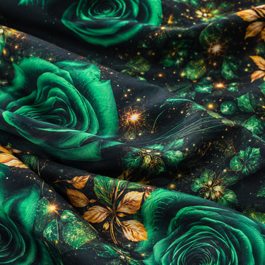 Emerald Green Rose & Golden Leaf Printed Double Bedsheet with 2 Pillow Covers | 100% Microfiber Satin Weave | Super Soft Pre-Shrunk Bedding Set – 87.5 × 92.5 Inch