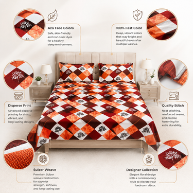 Autumn Rose Check Orange & Maroon Printed Double Bedsheet Set | Super-Soft Microfiber with 2 Pillow Covers