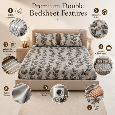 Silverleaf Serenity Grey Botanical Printed Double Bedsheet