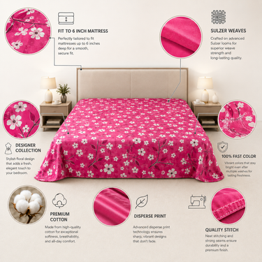 Raspberry Daisy Pink & White Floral Printed Double Bedsheet | Premium Cotton Bedsheet Without Pillow Covers