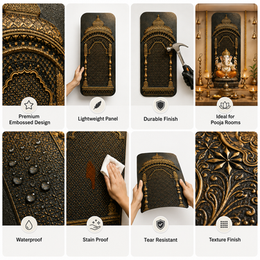 Royal Black & Antique Gold Temple Arch Decorative Wall Panel 4×2 Ft | Premium Ganpati Pooja Room Backdrop Panel | Mandir & Mandap Wall Decor
