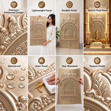 Premium Antique Gold Mandir Arch Wall Panel 4×2 Ft | Designer Ganpati Backdrop | Pooja Room & Wedding Mandap Decor