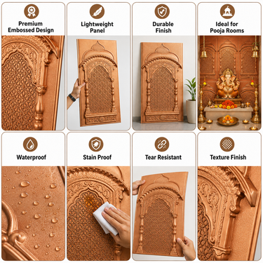 Royal Copper Gold Temple Arch Decorative Wall Panel 4×2 Ft | Premium Ganpati Pooja Room Backdrop Panel | Mandir & Mandap Wall Decor