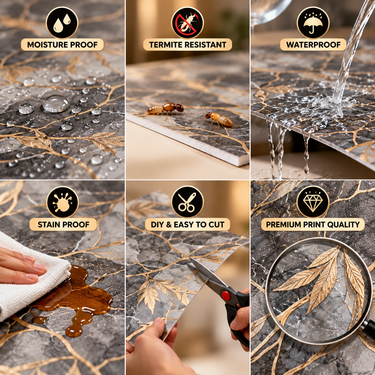 Self Adhesive Dark Grey Marble Gold Botanical PVC Foam Wall Sheet 2x2 ft (ND-106) | 2mm Damp-Proof Wall Decor (Minimum 5 Quantity)