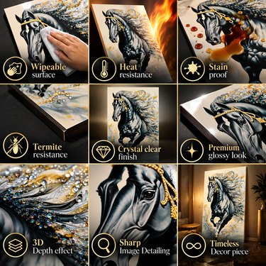 Majestic Black Horse Ivory, Gold & Silver Crystal Wall Art Frame – Premium 3D Rhinestone Decorative Panel