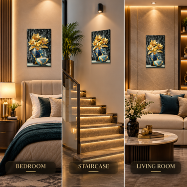 Luxury Black, Gold & Royal Blue Crystal Floral Vase Wall Art Frame – Premium 3D Rhinestone Flower Decorative Frame