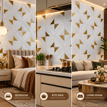 Non Self Adhesive Triangle Shape White Gold 3D PVC Wall Panel 20x20 Inch | Geometric Decorative Wall Panel | 5-Year Life (Order Minimum 5 Panels)