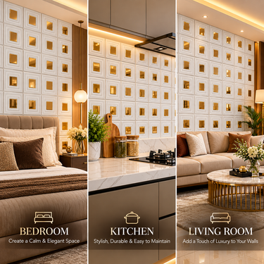 Non Self Adhesive White Small Square Copper Gold 3D PVC Wall Panel 20x20 Inch | Geometric Decorative Wall Panel | 5-Year Life (Order Minimum 5 Panels)