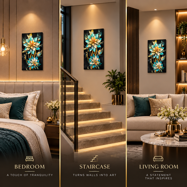 Luxury Turquoise & Gold Crystal Floral Wall Art Frame – Premium 3D Rhinestone Flower Decorative Frame