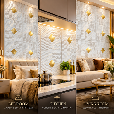 Non Self Adhesive Rhombus White Copper Gold 3D PVC Wall Panel 20x20 Inch | 5-Year Life (Order Minimum 5 Panels)
