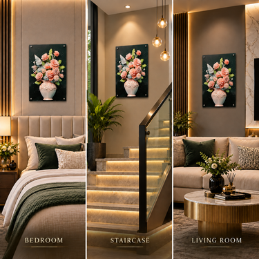 Luxury Coral Pink, Ivory & Sage Green Crystal Floral Wall Art Frame – Premium 3D Rhinestone Flower Vase Decorative Panel
