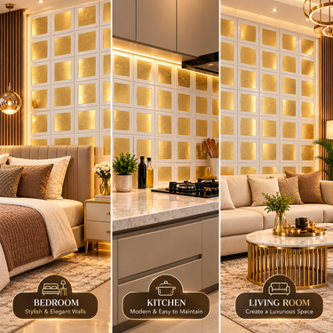 Non Self Adhesive White Large Square Copper Gold 3D PVC Wall Panel 20x20 Inch | Geometric Decorative Wall Panel | 5-Year Life (Order Minimum 5 Panels)