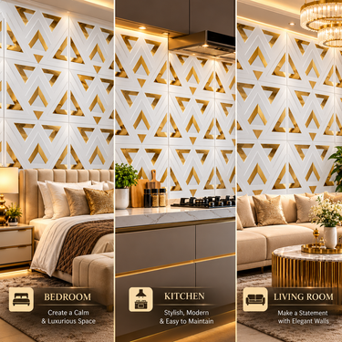 Non Self Adhesive Rectangle Shape White Gold 3D PVC Wall Panel 20x20 Inch | 5-Year Life (Order Minimum 5 Panels)