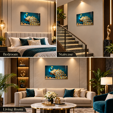Royal Turquoise & Gold Peacock Crystal Wall Art – Luxury 3D Rhinestone Decorative Frame