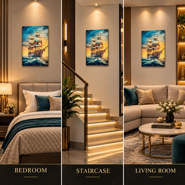 Luxury Teal Ocean & Gold Crystal Sailing Ship Wall Art – Premium 3D Rhinestone Nautical Panel