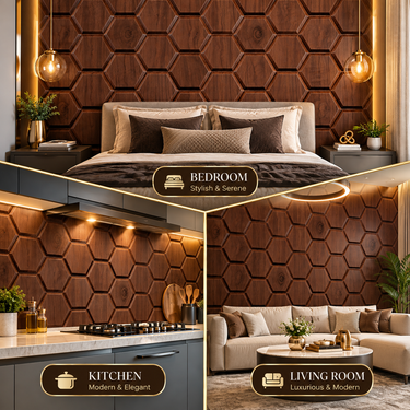 Non Self Adhesive Hexwood Walnut Brown 3D PVC Wall Panel 20x20 Inch | Hexagon Wood Design | 5-Year Life (Order Minimum 5 Panels)