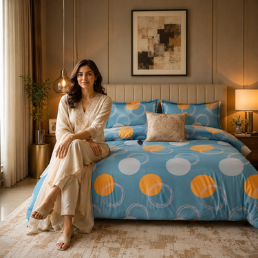 Teal Orbit Blue & Mustard Abstract Printed Double Bedsheet Set | Premium Microfiber with 2 Pillow Covers