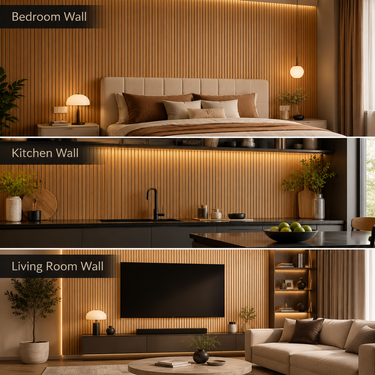 Golden Chestnut Grille PVC Wall Panel Installed on Feature Wall – Nidhi Decor Mumbai Home Decor