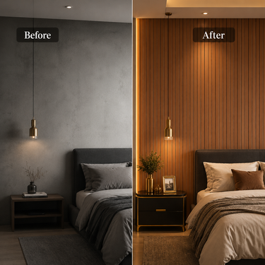 Dark Wood Grille PVC Wall Panel Installed on Feature Wall – Nidhi Decor Mumbai Home Decor