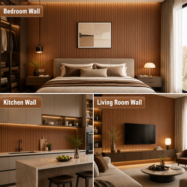 Self Adhesive Dark Wood Grille Panel Room Setting – Nidhi Decor Mumbai India